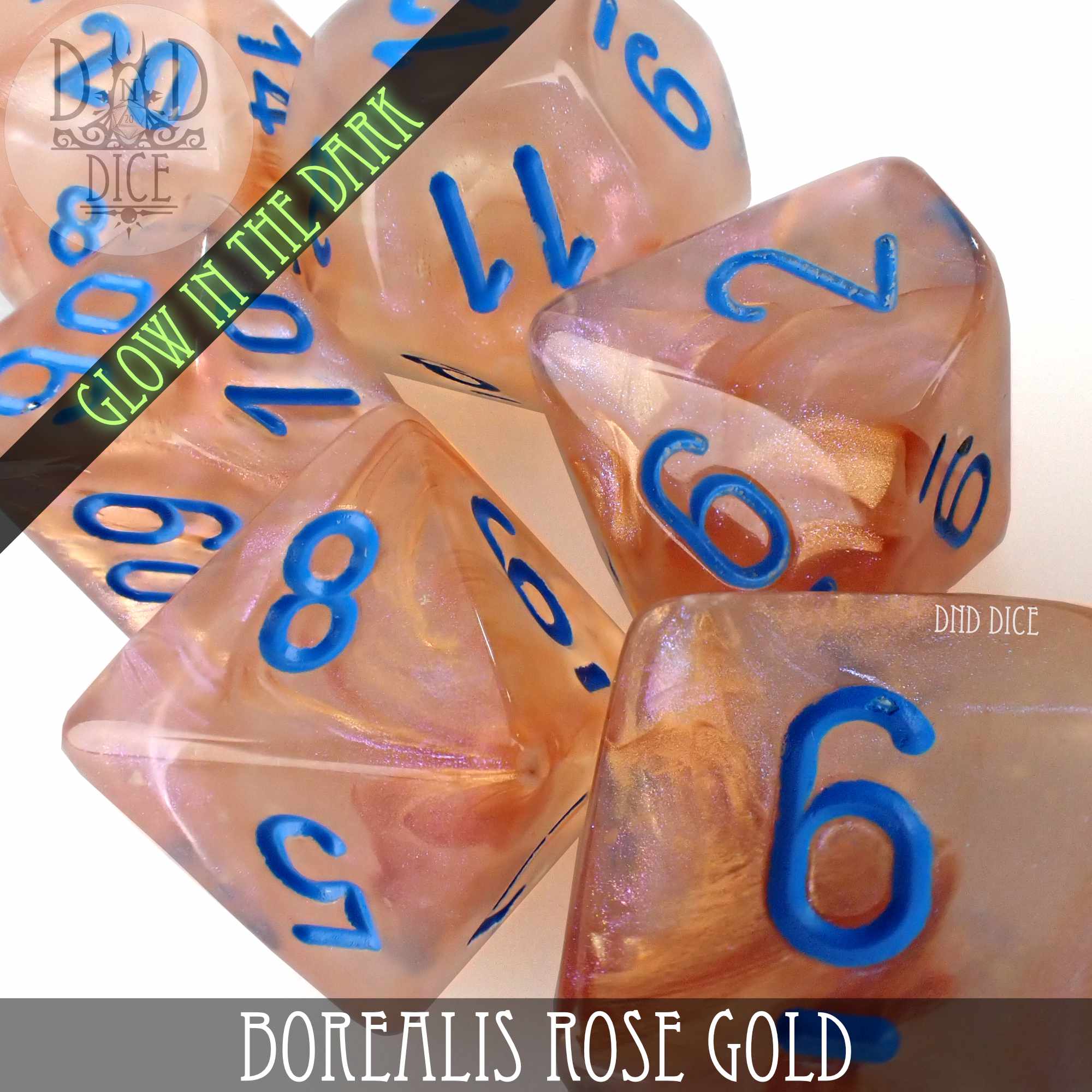 Borealis Rose Gold 8 Dice Set (Lab 5 Glow) - Image 3