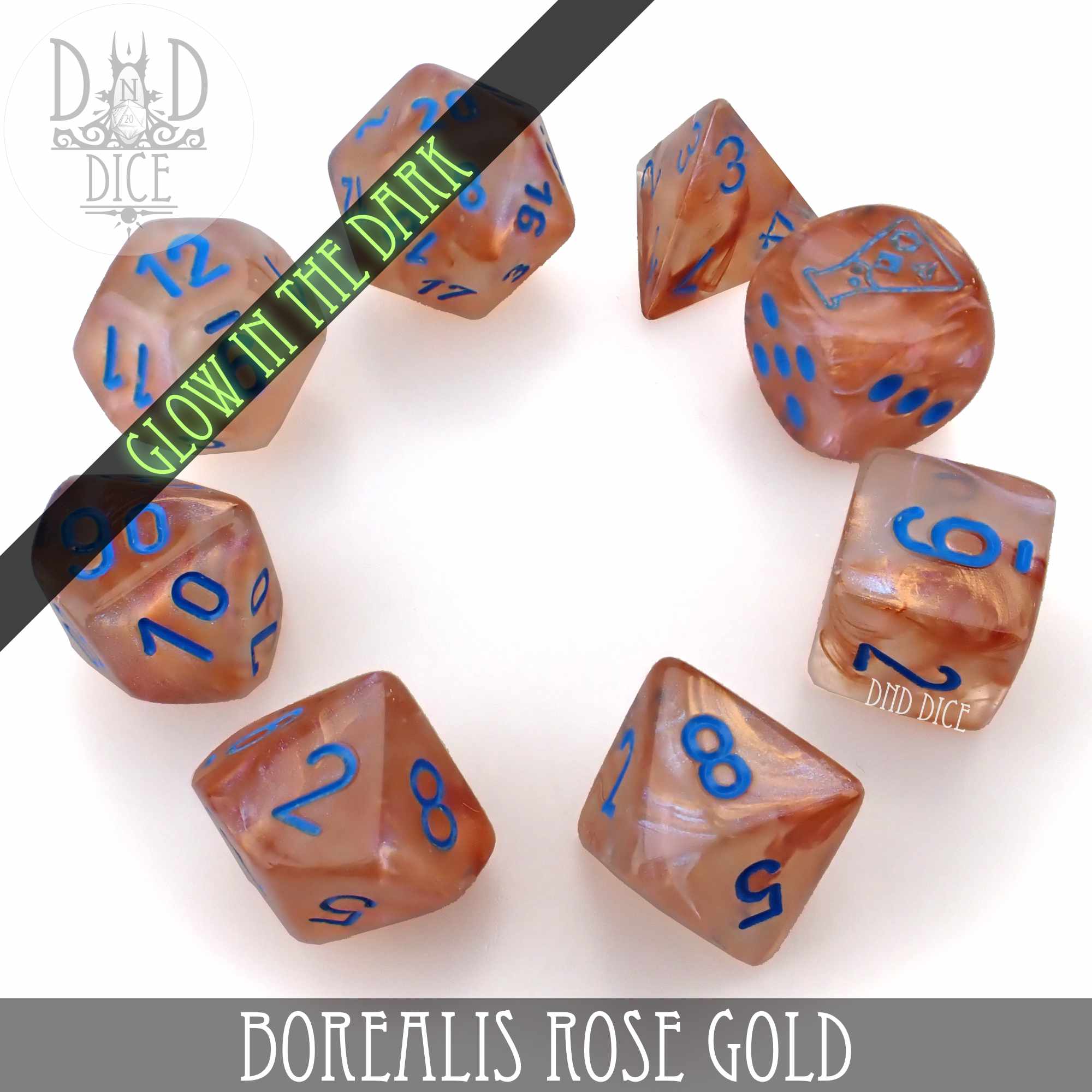Borealis Rose Gold 8 Dice Set (Lab 5 Glow) - Image 4