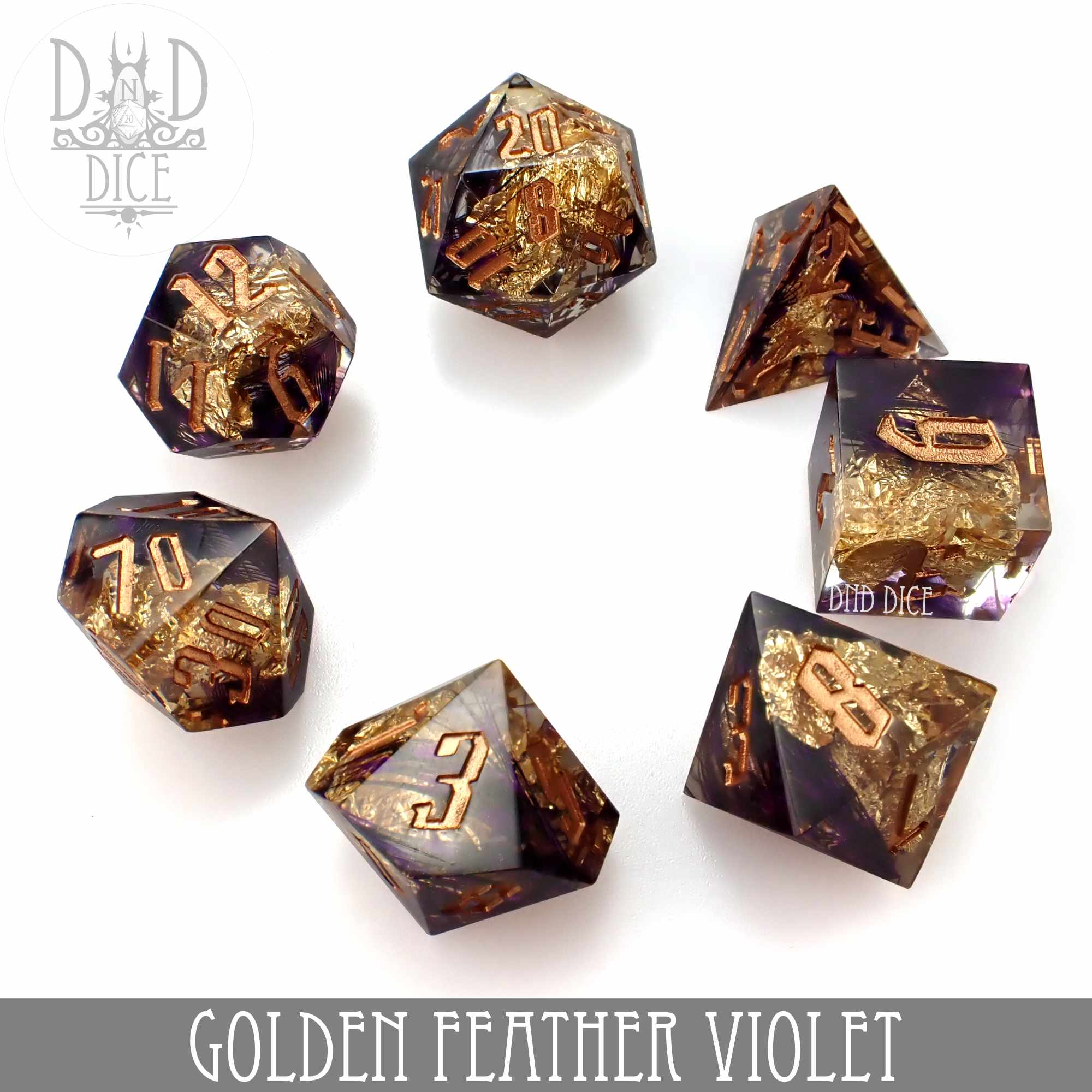 Golden Feather Violet Handmade Dice Set - Image 3