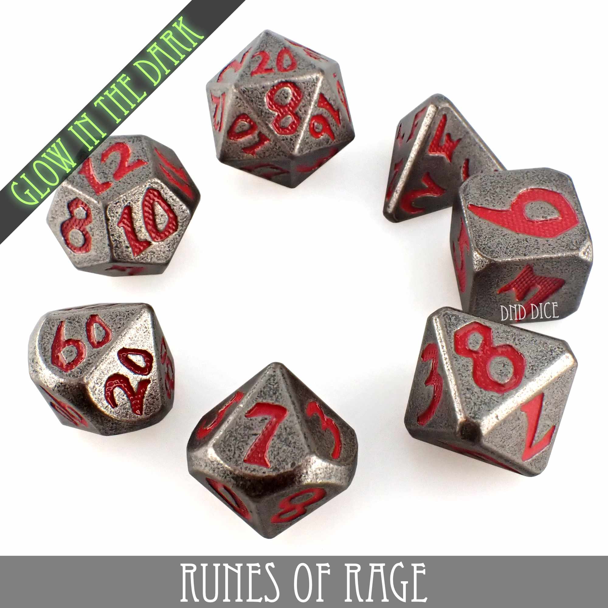 Runes of Rage Glow in the Dark Metal Dice Set - Image 3